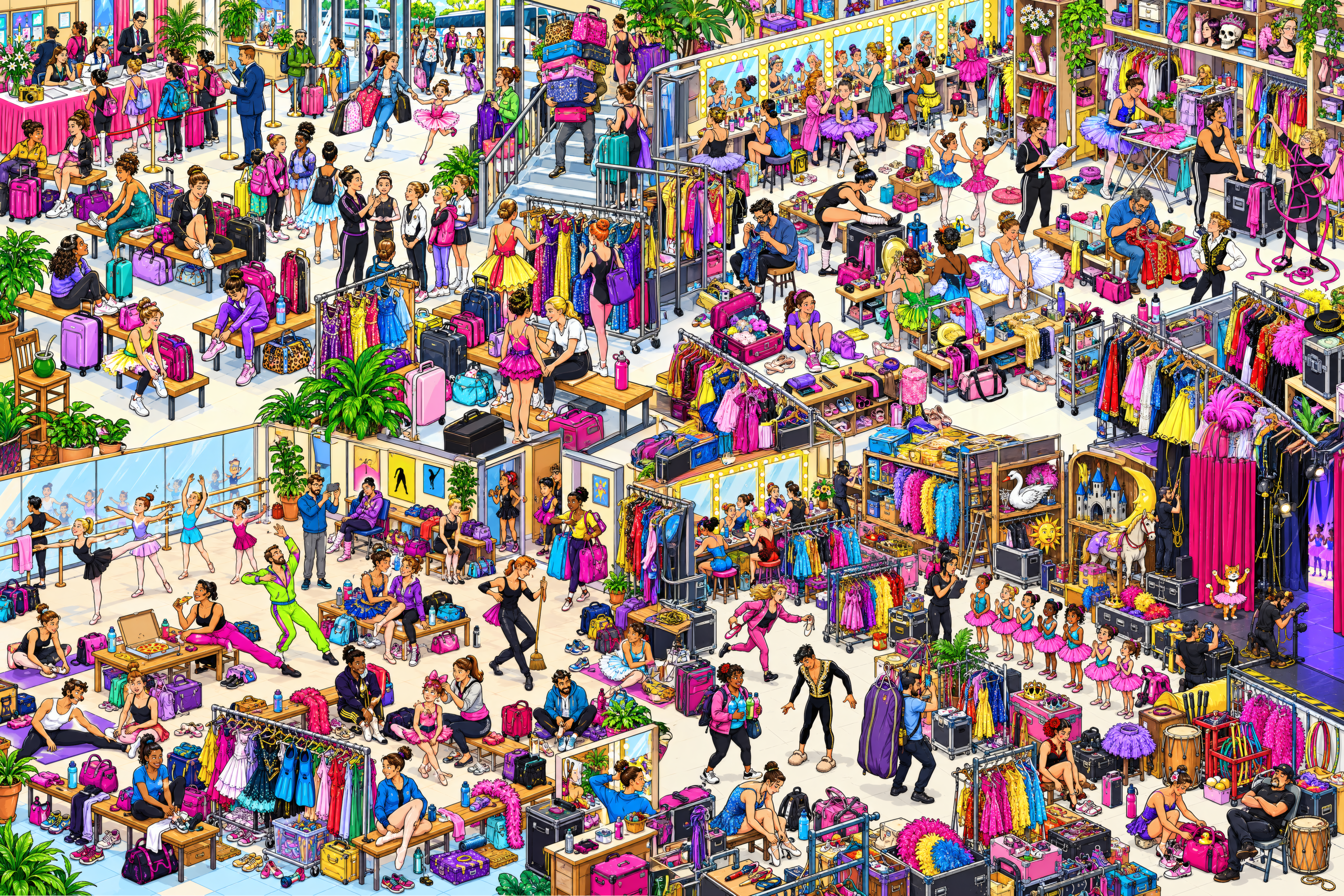 Ilustración de una competencia de danza con acreditación, camarines, calentamiento, escenario y objetos escondidos.